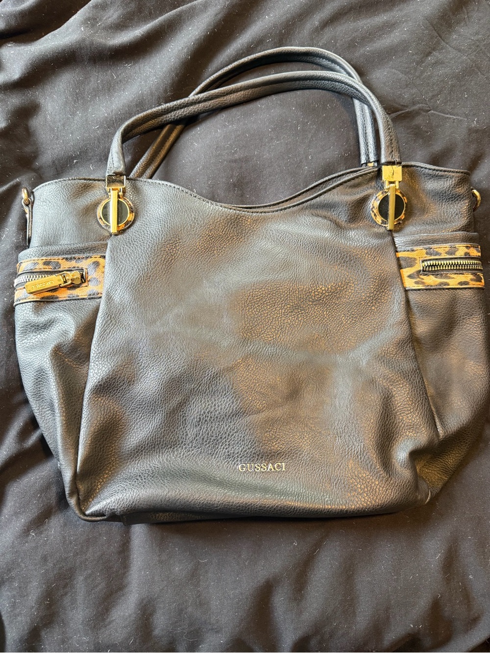Black Shoulder Tote with Gold Accents